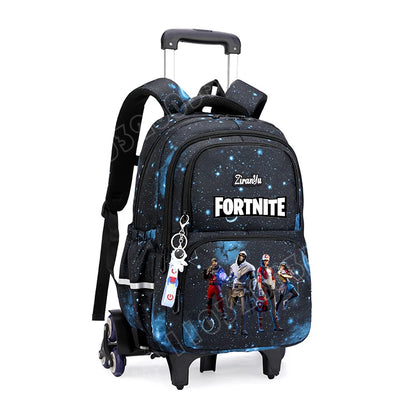 Mochila com Rodas Fortnite Anime, Impermeável, de Grande Capacidade, para Estudante — Saco Escolar Casual de Viagem com Carrinho e Subida Fácil de Escadas