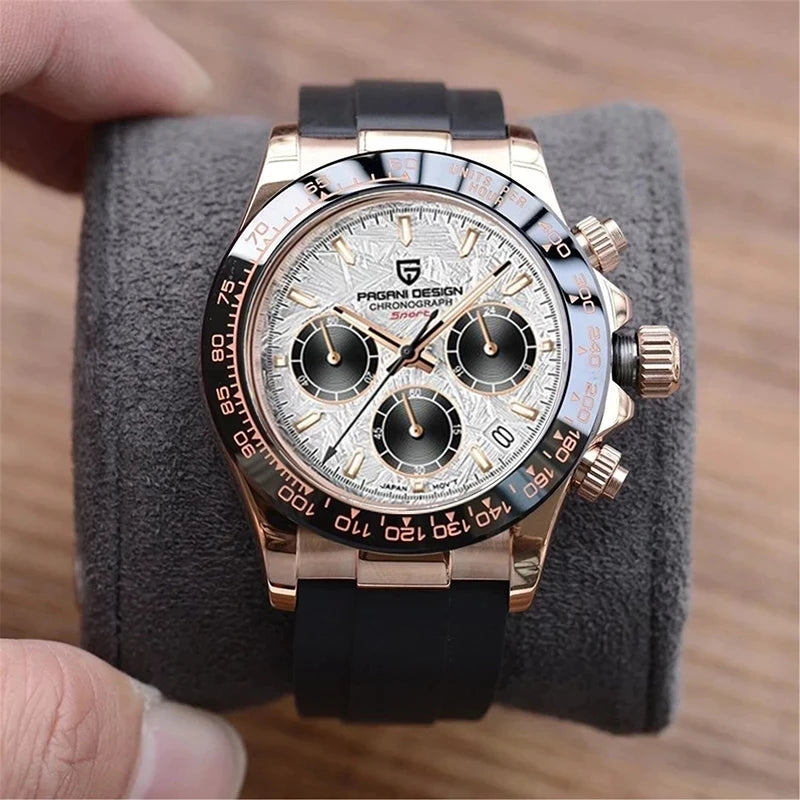 PAGANI DESIGN V2 40MM Herrenuhr mit Meteorit-Zifferblatt, Quarzwerk, Saphirglas, Retro-Chronograph, wasserdichte Uhr für Herren