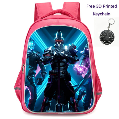 FORTNITE 16-inch Durable Lightweight Backpack, Dual Zipper Pockets, Cartoon Style for Boys & Girls Ages 6-10, Free 3D Printed Keychain