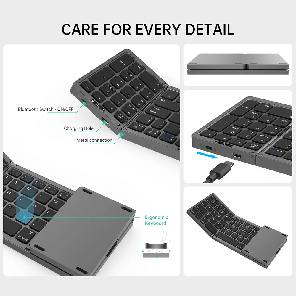 Teclado Bluetooth sem fios dobrável e recarregável para iPad, telemóvel, tablet, notebook e escritório — mini teclado sem fios