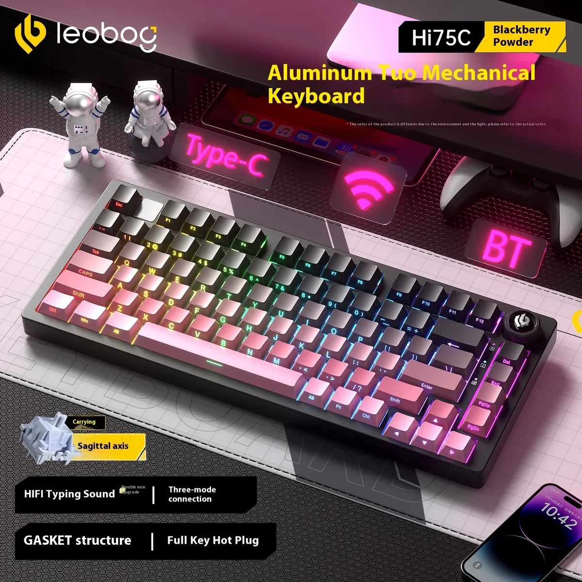 LEOBOG Hi75C Mechanical Keyboard 3Mode/Wired kit Hot Swap With Knob RGB Aluminium Alloy Gasket Hi75C Keyboard Kit PC Custom Gift