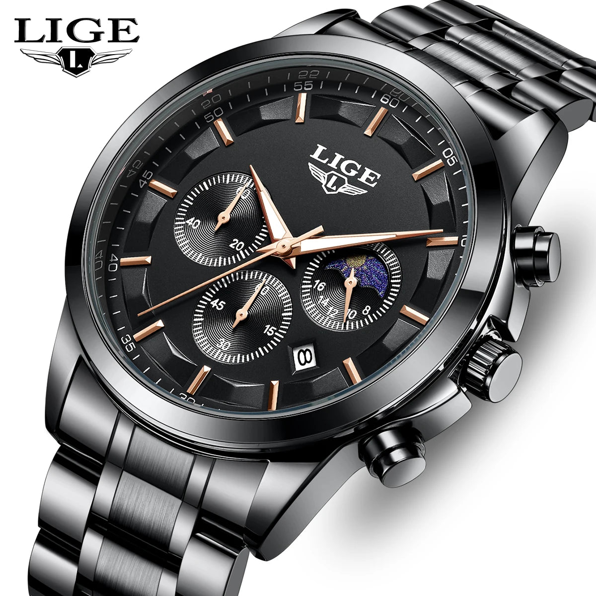 Pánské hodinky LIGE – luxusní quartzový chronograf, vodotěsné (3 bary), s luminiscenčními ručičkami