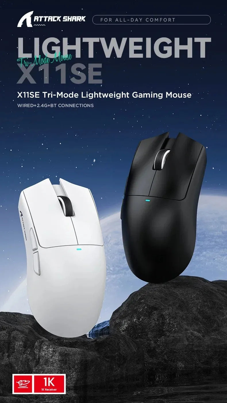 Rato Gaming Sem Fios Ultraligeiro ATTACK SHARK X11SE, vida útil de 20 milhões de ciclos, PAW3311 Gaming, 22KDPI, 400IPS, 40G, 1KHz, 65 horas, 30mAH