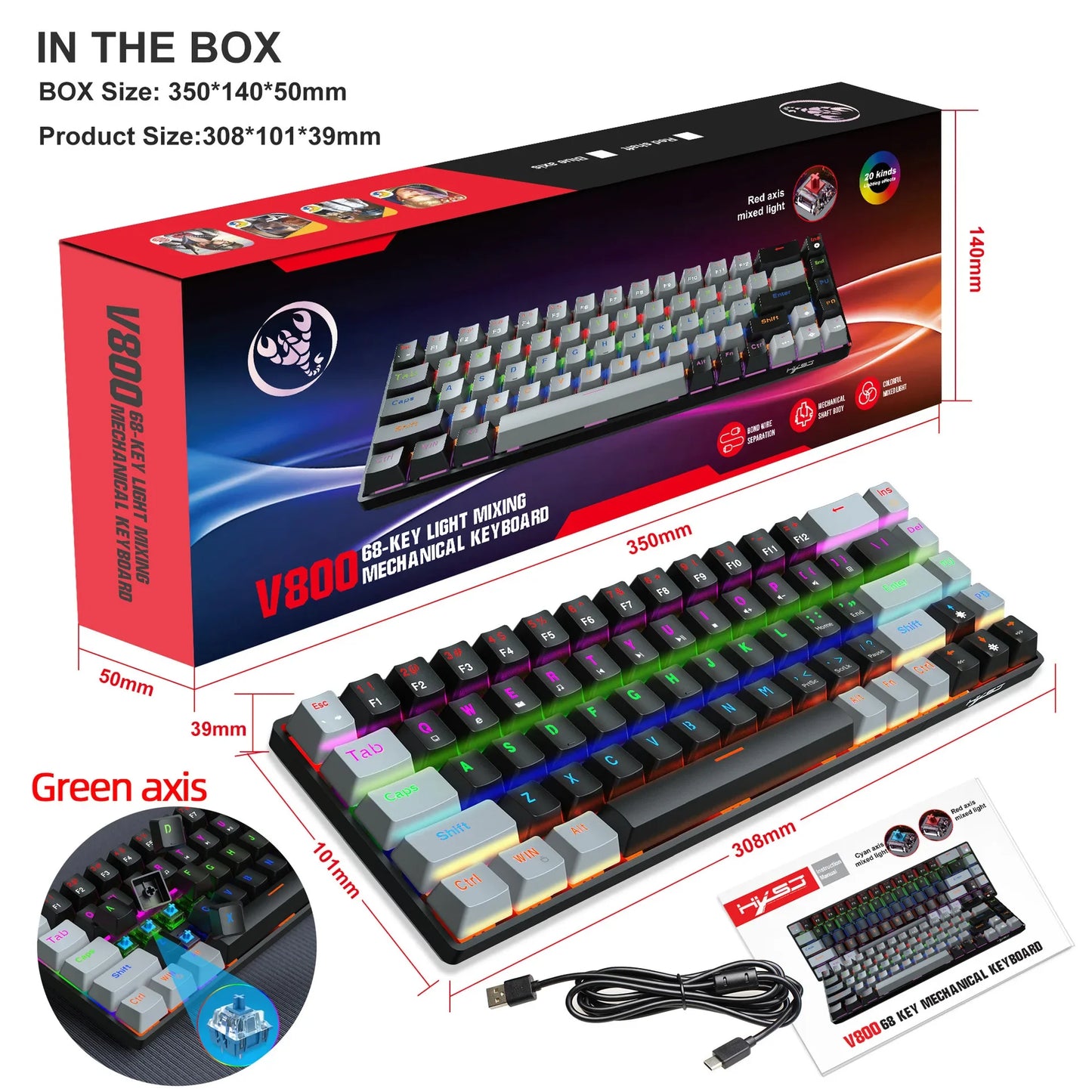 Mechanische Gaming-Tastatur 60% USB, weiße Tasten, Mini-Gamer-Tastatur, ergonomische Computertastatur mit Hintergrundbeleuchtung, Musica teclado pc