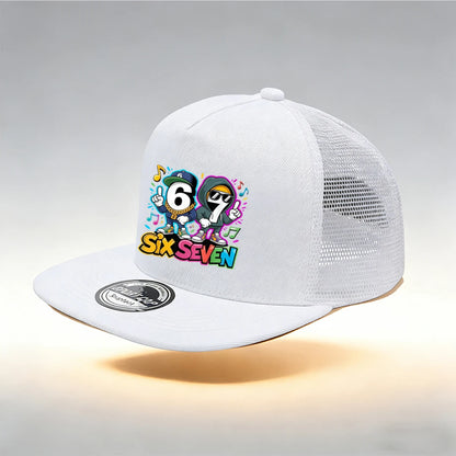 1/2PC Y2KSixSeven flat top truck driver hat, hip-hop cartoon print, breathable mesh, streetwear aesthetic hat