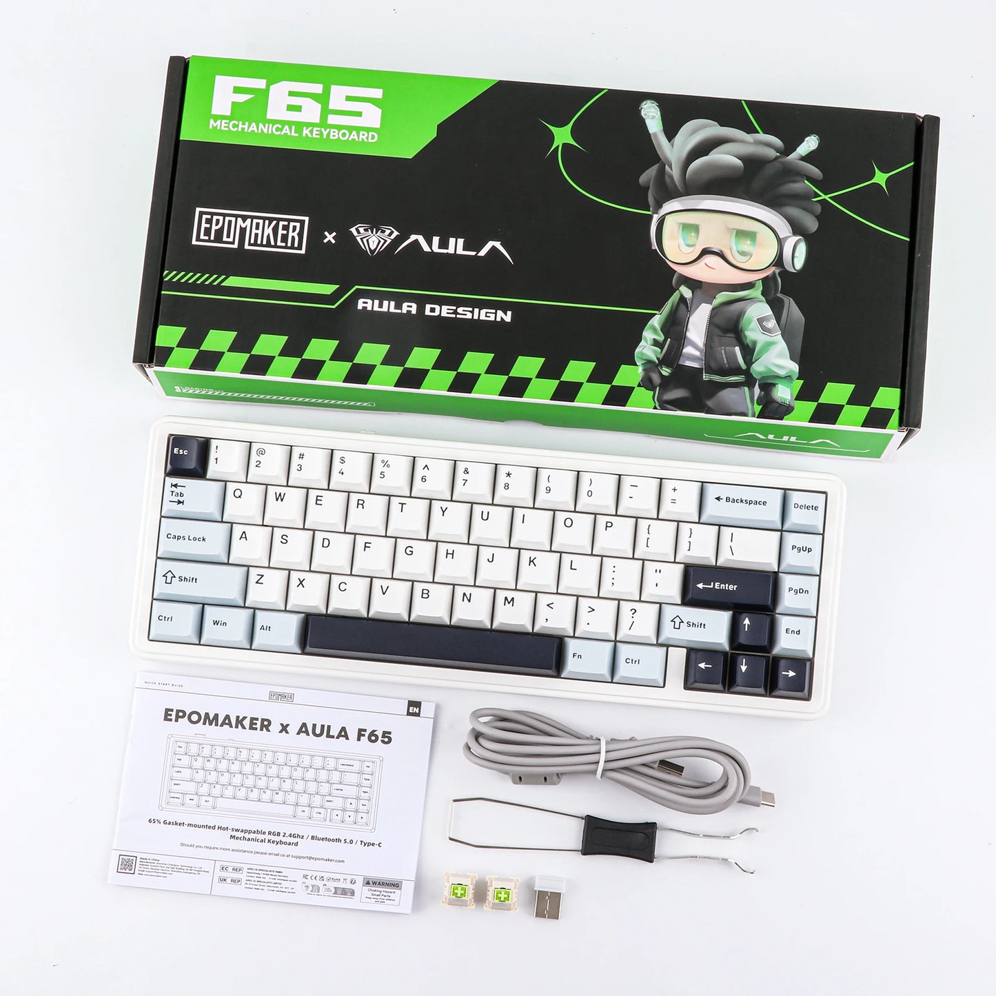 Teclado mecânico EPOMAKER x AULA F65 com layout 65%, hot-swap, montagem gasket e ligação com fios/Bluetooth/2.4G sem fios para Mac/Win