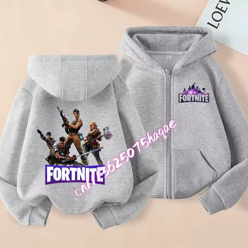 Casaco Outdoor Infantil Cartoon FORTNITED para Rapariga e Rapaz, Sweatshirt com Fecho, Corta-Vento Fino de Alta Qualidade para Outono, Peça Superior de Vestuário