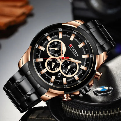 CURREN férfi kronográf óra, 48 mm-es nagy számlap, rozsdamentes acél karkötő, három kis számlap, kvarc sportkaróra, luxus stílus