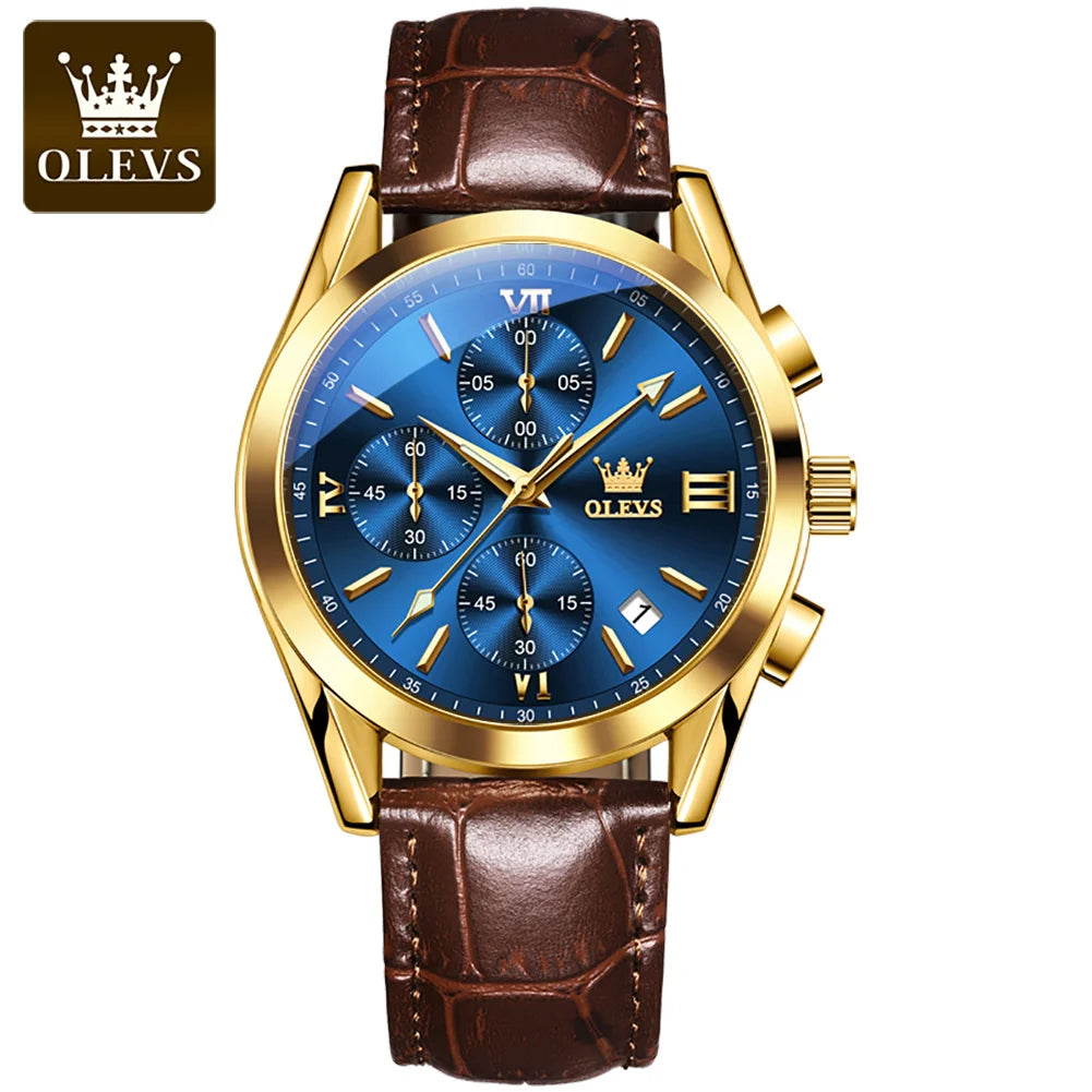 Vyriškas chronografinis rankinis laikrodis „OLEVS 2872“ – odinis dirželis, atsparus vandeniui, šviečiantys rodyklės, kvarcinis mechanizmas, prabangus sportinis stilius