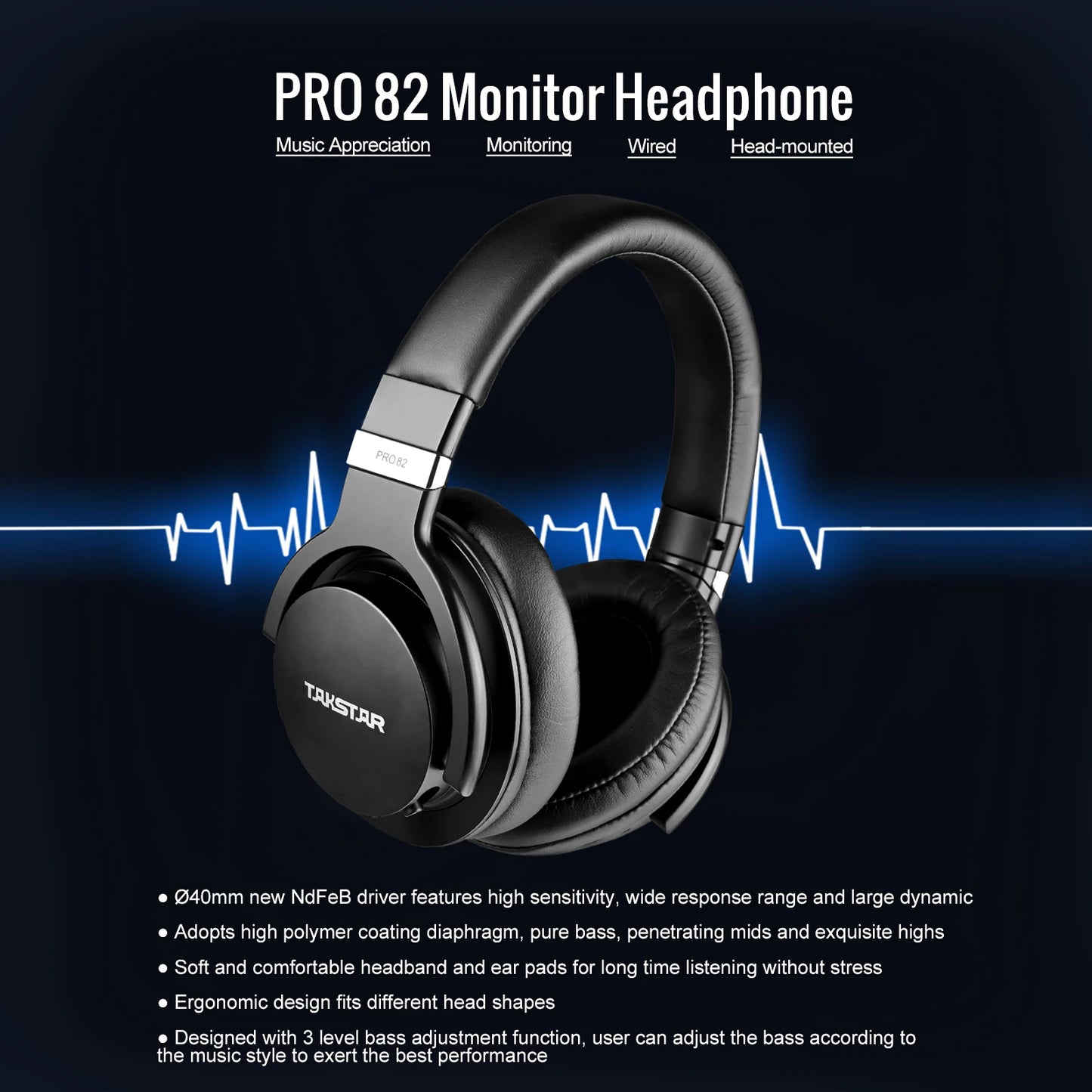 Takstar PRO82 Cuffie Monitor Professionali – Headset da Studio Cablato HiFi Stereo per Registrazione, Gaming e Suono di Precisione con Bassi Regolabili