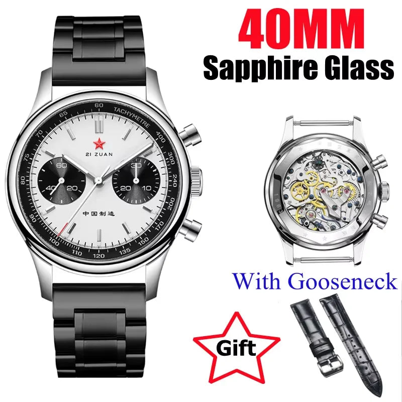 Red Star Panda Men's 1963 Chronograph Mechanical Wristwatch Seagull ST1901 Movement Gooseneck 40mm Luminous Sapphire Pilot Watch