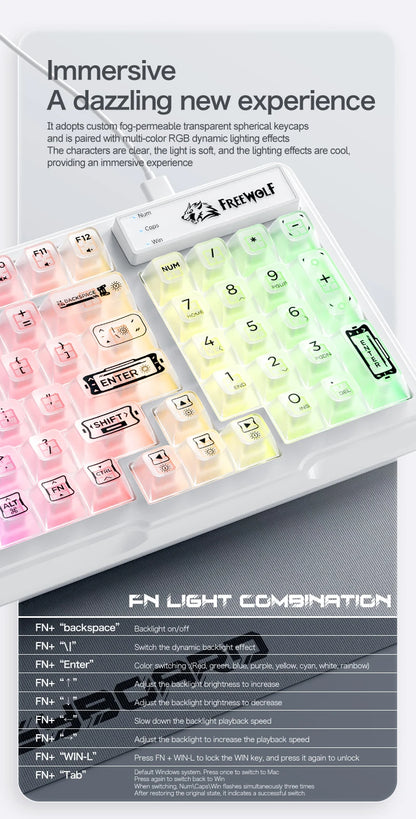 FREEWOLF M95 Kabelgebundene Tastatur mit transparentem RGB-Design, ideal für verschiedene Einsatzbereiche wie Gaming und Büroarbeit