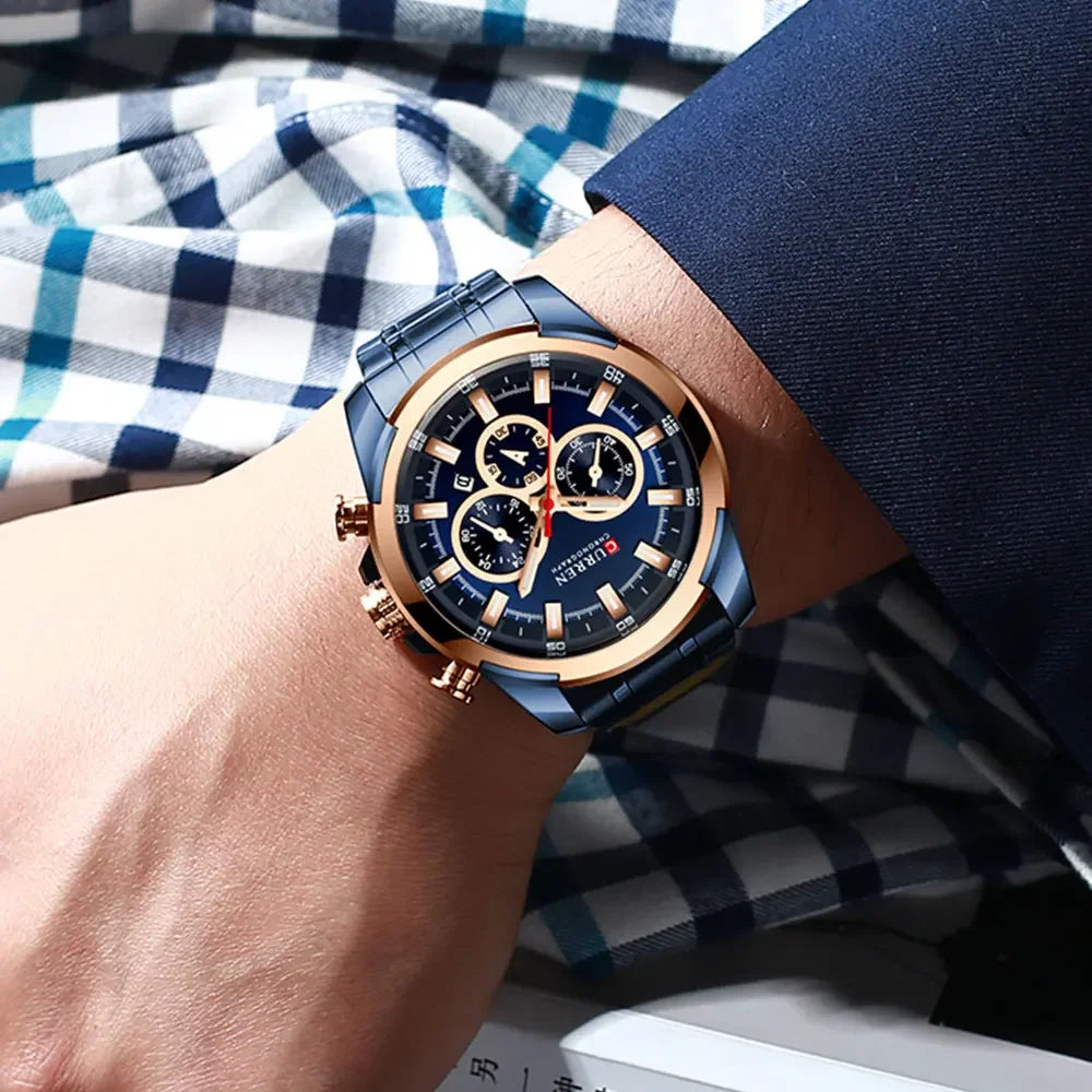 CURREN férfi kronográf óra, 48 mm-es nagy számlap, rozsdamentes acél karkötő, három kis számlap, kvarc sportkaróra, luxus stílus