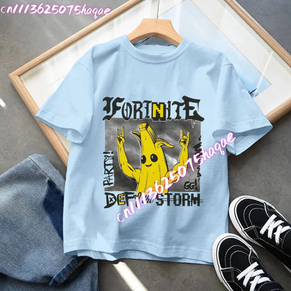 T-shirt azul de algodão Fortnite para criança, camisola de manga curta Fortress Night para bebé, top kawaii com desenho animado para menino e menina, roupa de verão, prenda