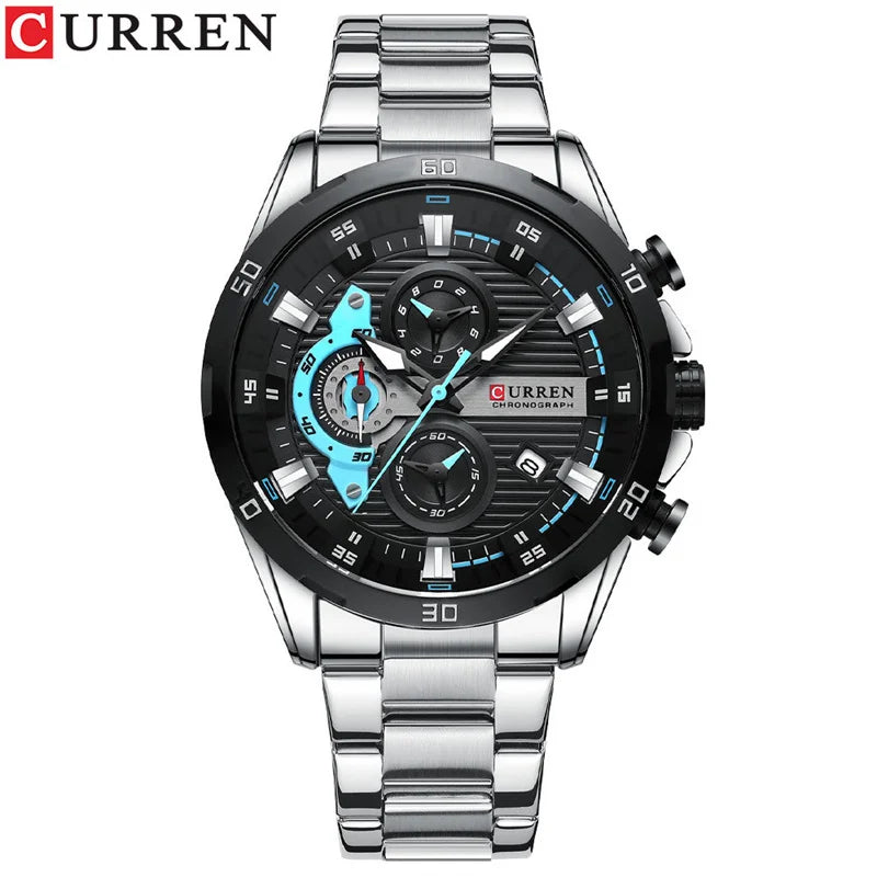 Relógio de luxo para homem CURREN 8402, novo, em aço inoxidável, estanque, com cronógrafo e iluminação noturna.