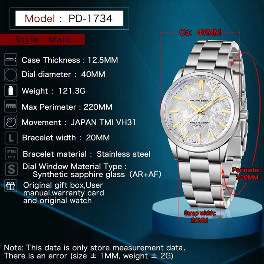 Relógio masculino PAGANI DESIGN 40MM com mostrador de meteorito, quartzo, luxo business, safira, aço inoxidável 316L, resistente à água 100M