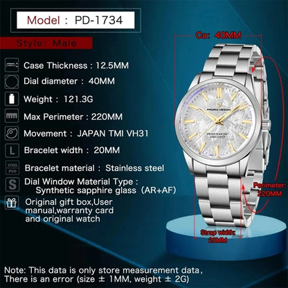 Relógio masculino PAGANI DESIGN 40MM com mostrador de meteorito, quartzo, luxo business, safira, aço inoxidável 316L, resistente à água 100M