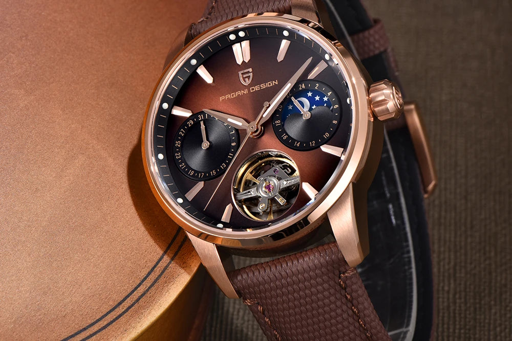 PAGANI DESIGN – Luxusné mechanické pánske hodinky, 41 mm, zafírové sklo, kožený remienok, vodotesné, v štýle pilotných hodín, s tourbillonom a fázou mesiaca