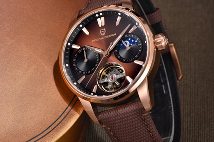 PAGANI DESIGN – Luxusné mechanické pánske hodinky, 41 mm, zafírové sklo, kožený remienok, vodotesné, v štýle pilotných hodín, s tourbillonom a fázou mesiaca