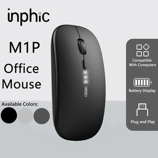 Inphic M1P trådlös tyst kontorsmus, ultratunn bärbar USB-anslutning, batterinivåvisning, TYPE-C-laddning