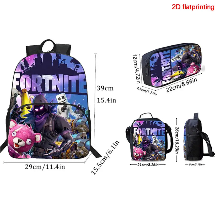 Zaino FORTNITE leggero 3 pezzi con tasca frontale, borsa pranzo, astuccio e portachiavi 3D stampato gratuito per bambini e bambine dai 5 ai 10 anni