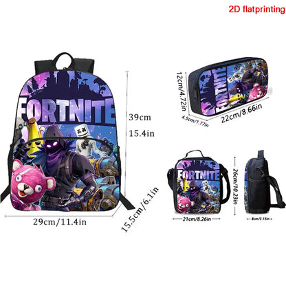 Zaino FORTNITE leggero 3 pezzi con tasca frontale, borsa pranzo, astuccio e portachiavi 3D stampato gratuito per bambini e bambine dai 5 ai 10 anni