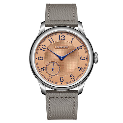 Relógio masculino FARASUTE NEW Machinery com mostrador salmão, movimento mecânico manual ST17, pequeno segundeiro e bracelete Bonklip vintage