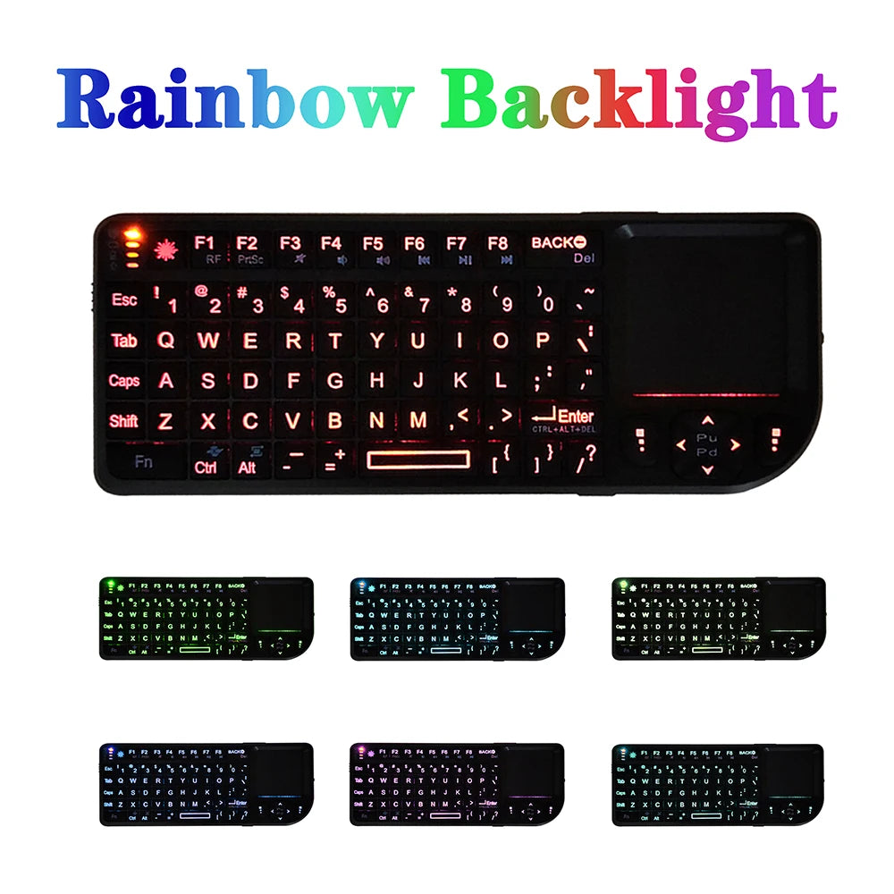 Teclado sem Fios A8 Mini 2.4G com Retroiluminação em 7 Cores, 3 em 1, Teclado Portátil com Touchpad e Air Mouse para Android TV Box, PC e Tablet