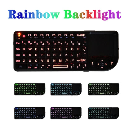 Teclado sem Fios A8 Mini 2.4G com Retroiluminação em 7 Cores, 3 em 1, Teclado Portátil com Touchpad e Air Mouse para Android TV Box, PC e Tablet