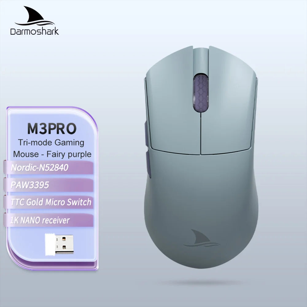 Mouse da gaming Darmoshark M3Pro 2.4G BT wireless tri-mode, sensore PAW3395, N52840, 26000DPI, mouse con driver macro per mani grandi per il gaming