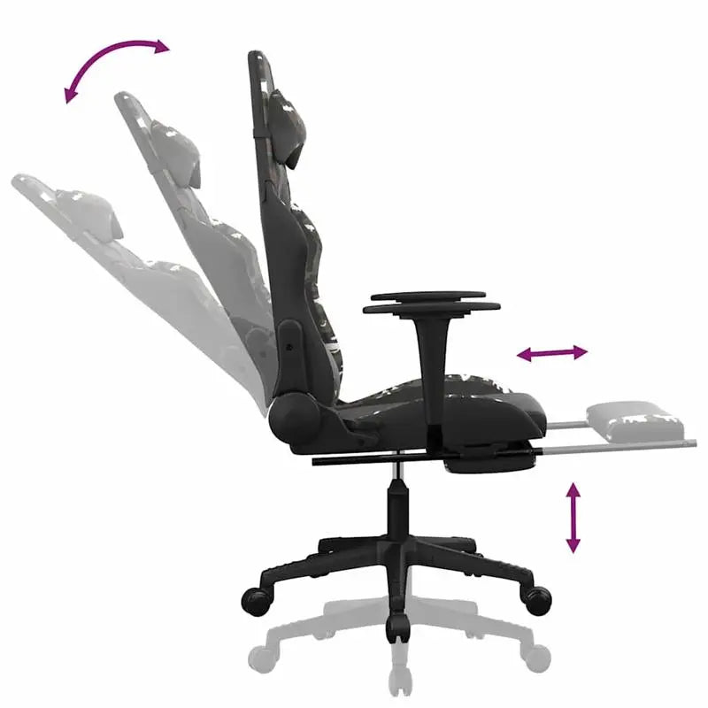 Gaming Chair Massage Footrest Black & Camouflage 67X64X116-127 cm in Imitation Leather, 360° Adjustable Reclining Seat Load Capacity 110 kg