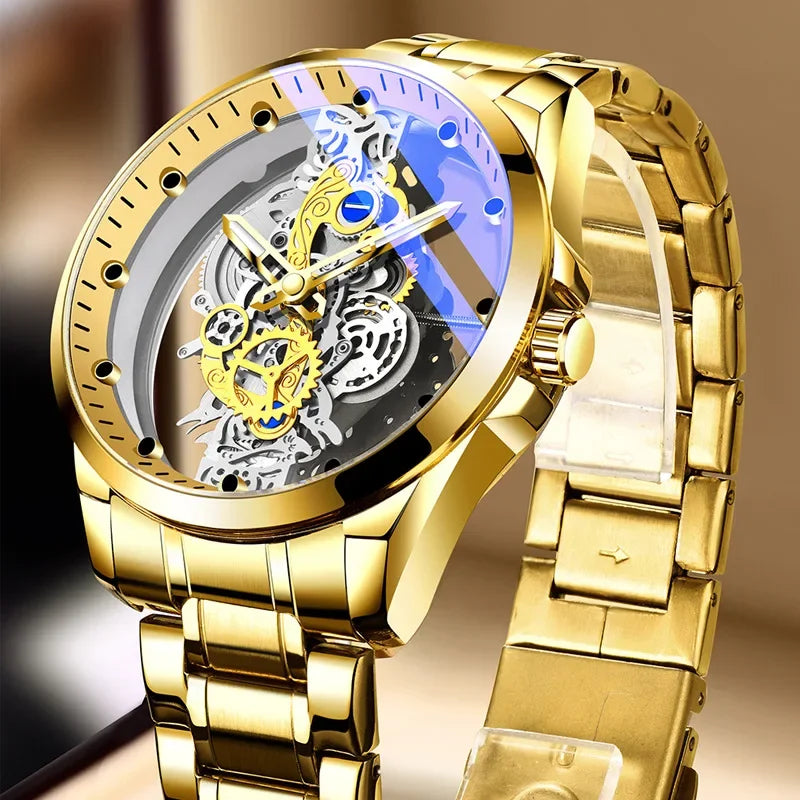 Divatos férfi karóra, kettős nyílású modell, luxus arany színű kivitel, mechanikus tourbillon-utánzat, kvarc szerkezet.