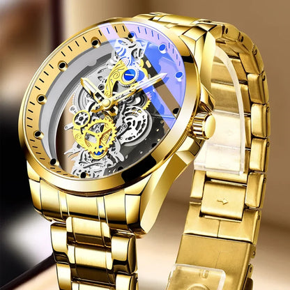 Divatos férfi karóra, kettős nyílású modell, luxus arany színű kivitel, mechanikus tourbillon-utánzat, kvarc szerkezet.