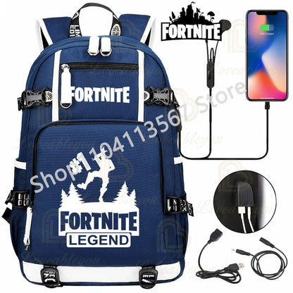Mochila Yule Trooper F-Fortnited Battle Royale com carregamento USB, figuras anime e compartimento para material escolar para estudantes