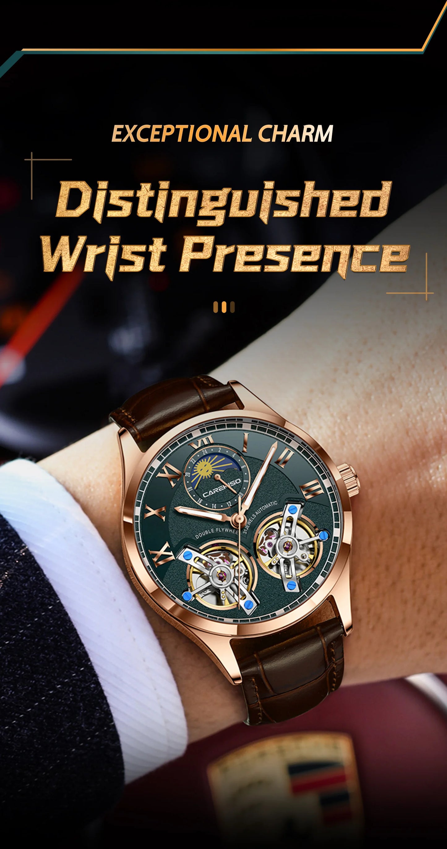 CAREKISO Fashion Men's Clock Double Hollow Tourbillon Automatic Mechanical Man Watch Waterproof Luminous Leather Men's Watches+Box