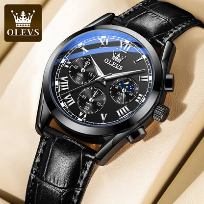 Montre à quartz pour homme OLEVS 2871 – Modèle de grande marque, étanche, style business, avec affichage des phases de lune, aiguilles luminescentes et bracelet en cuir.