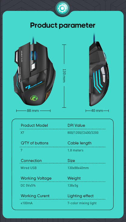 IMICE X7 Optische Gaming-Maus – einstellbare DPI, ergonomisches Anti-Rutsch-Design, farbenfrohe Beleuchtung, geeignet für Desktop-Computer und Laptop