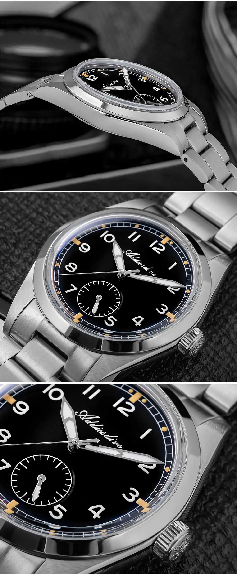 ADDIESDIVE 36mm Herren-Quarzuhr VH60 mit BGW9-Leuchtbeschichtung, Bubble-Mirror-Topfdeckelglas, 10Bar wasserdicht, Edelstahl-Uhr