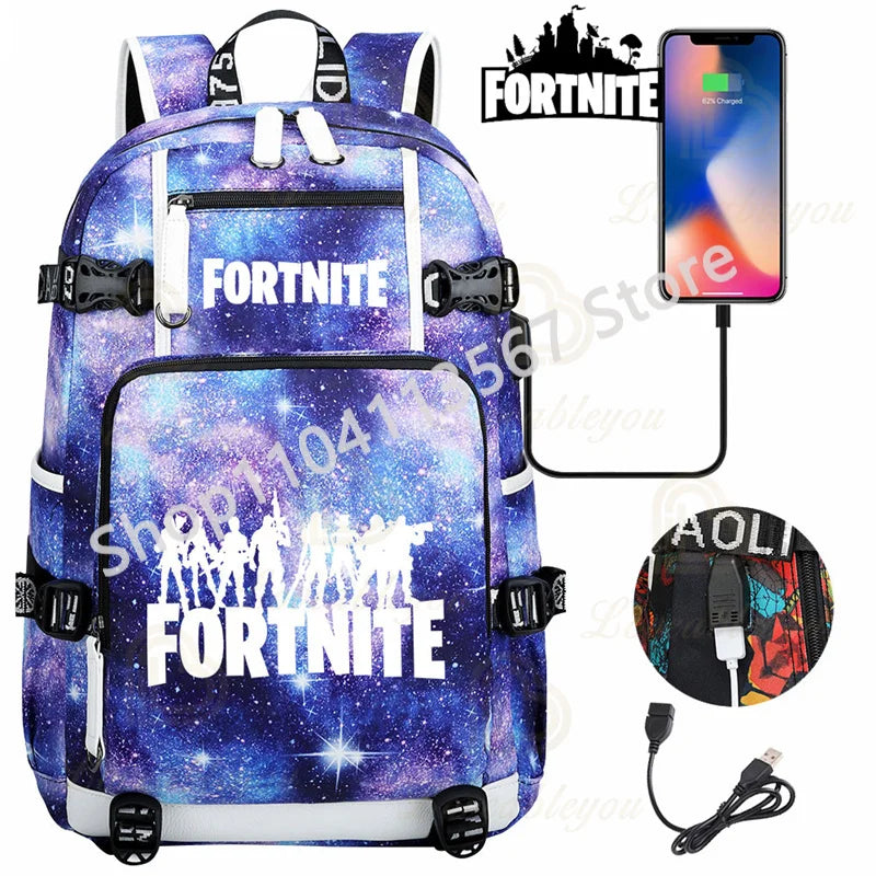 Mochila Yule Trooper F-Fortnited Battle Royale com carregamento USB, figuras anime e compartimento para material escolar para estudantes