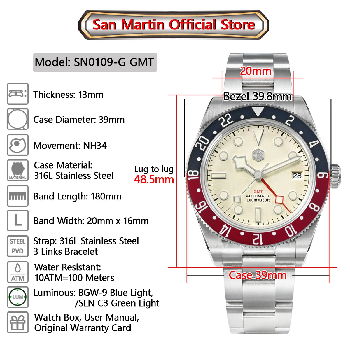 San Martin 39mm NH34 GMT Men's Luxury Watch Bidirectional Aluminum Bezel Automatic Mechanical Sapphire 100M Waterproof SN0109