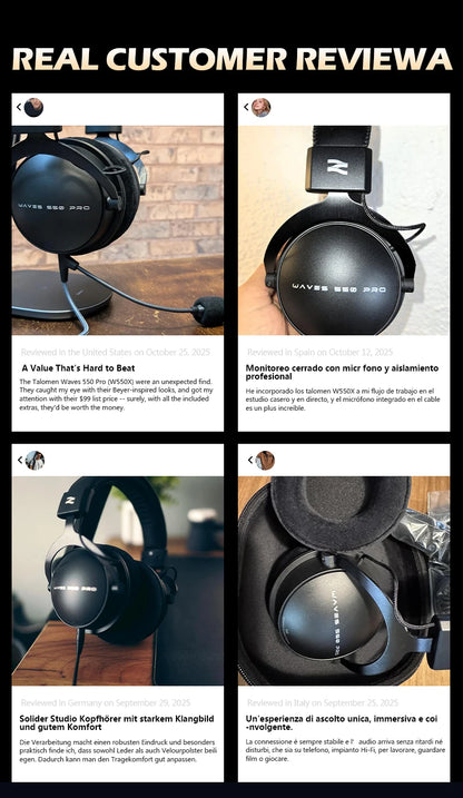 Auscultadores de Estúdio TALOMEN W550x – Auscultadores Profissionais de DJ com Fio, Over-Ear, para Monitorização, com Drivers de 50mm e Cabo Amovível