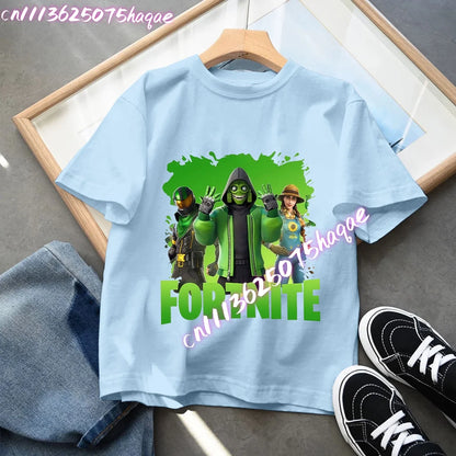 T-shirt azul de algodão Fortnite para criança, camisola de manga curta Fortress Night para bebé, top kawaii com desenho animado para menino e menina, roupa de verão, prenda