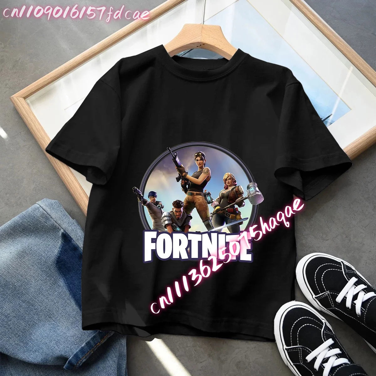 T-shirt preta em algodão para criança Fortnites Fortress Night, manga curta, estilo cartoon, para menino e menina, roupa de verão kawaii, top para oferta