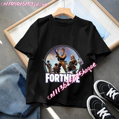 T-shirt preta em algodão para criança Fortnites Fortress Night, manga curta, estilo cartoon, para menino e menina, roupa de verão kawaii, top para oferta