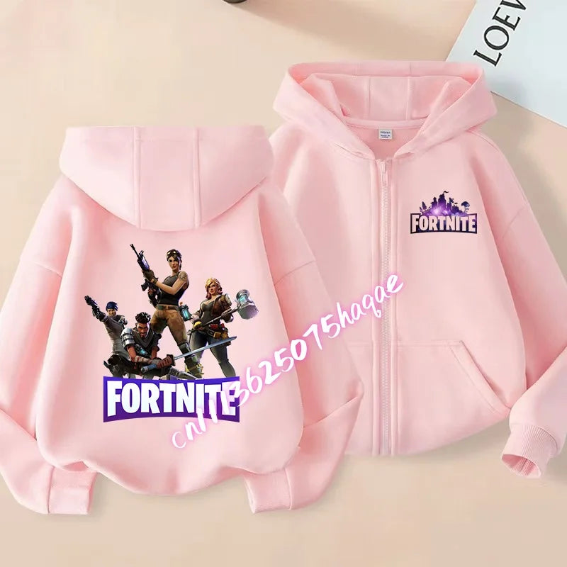 Casaco Outdoor Infantil Cartoon FORTNITED para Rapariga e Rapaz, Sweatshirt com Fecho, Corta-Vento Fino de Alta Qualidade para Outono, Peça Superior de Vestuário