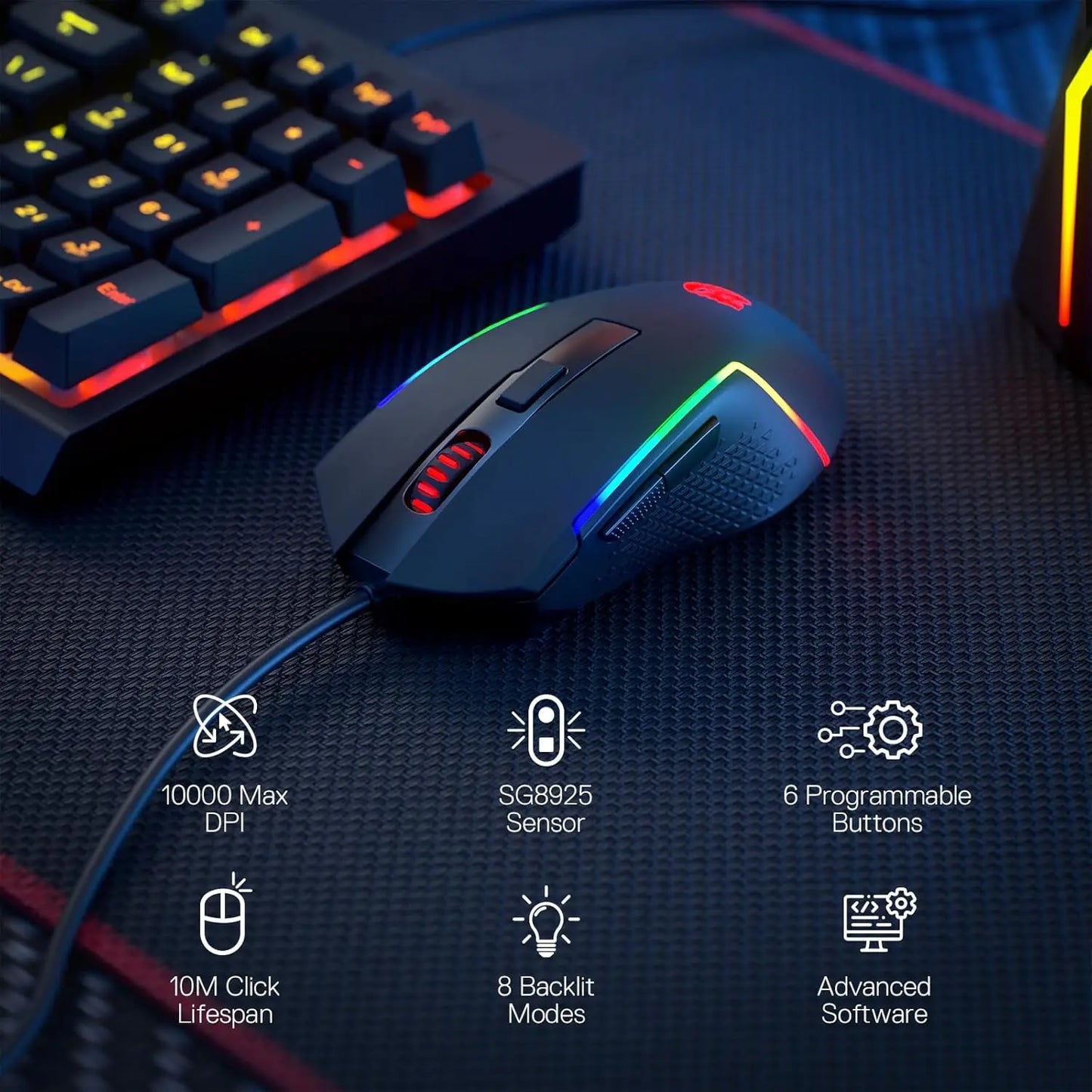 Ratón gaming con cable Redragon M616 RGB 10000 DPI óptico, 6 botones programables, 8 modos retroiluminados y software compatible con configuración DIY de teclas