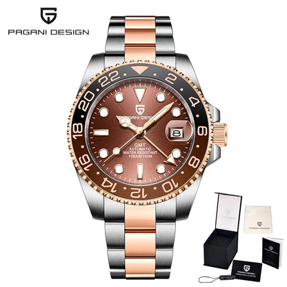 Mechanisch herenhorloge Pagani Design GMT – Luxemodel met saffierglas, roestvrijstalen kast en keramische lunette – Automatisch herenhorloge, zakelijke stijl