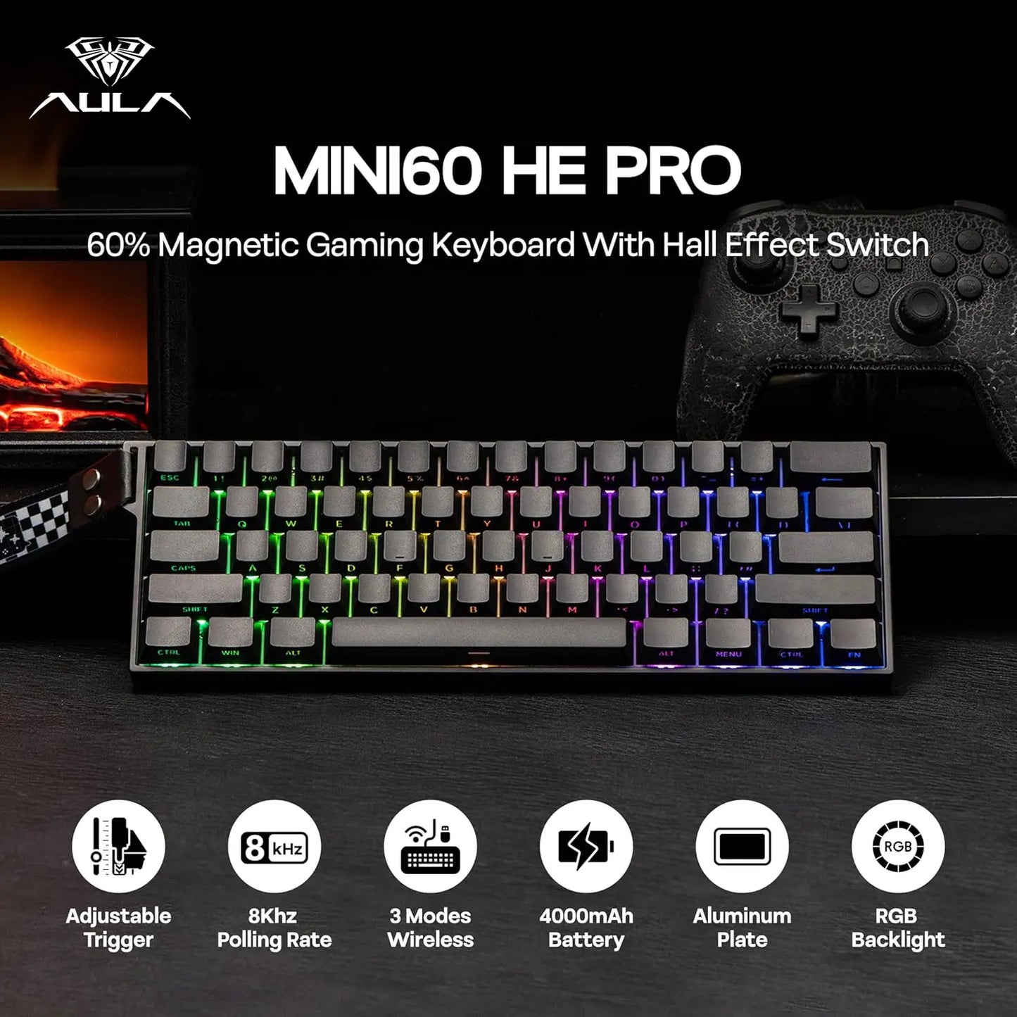 AULA Mini60 HE/Pro/Max 60% Gaming-Tastatur mit Magnetschaltern, RGB, Tri-Mode, mechanische Tastatur, 8000Hz, 0.01mmRT, für E-Sports, Geschenke