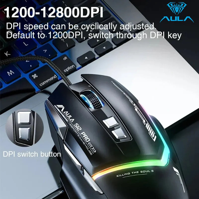 AULA S12Pro Wired Mechanical Mouse 1000HZ 12800DPI RGB Low Latency Macro Defines Esports Gaming Mouse PC Gamer Accessories
