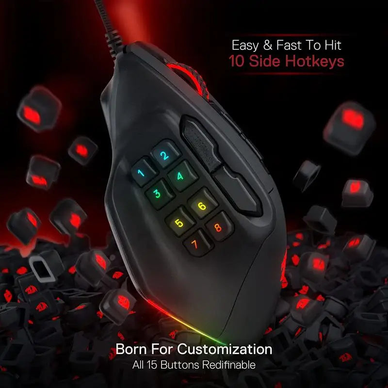 Redragon M811 Aatrox MMO-Gaming-Maus, kabelgebundene RGB-Gamer-Maus mit 15 programmierbaren Tasten und ergonomischer, natürlicher Griffform